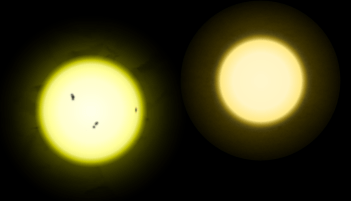 Artists impression of our sun on the left, Tau Ceti on the right. (Picture by R.J. Hall from wikipedia. Licence: Creative Commons Attribution-Share Alike 3.0 Unported)